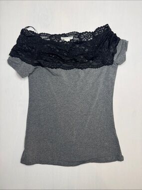 H&M Grey Off-Shoulder Top with Black Lace Trim